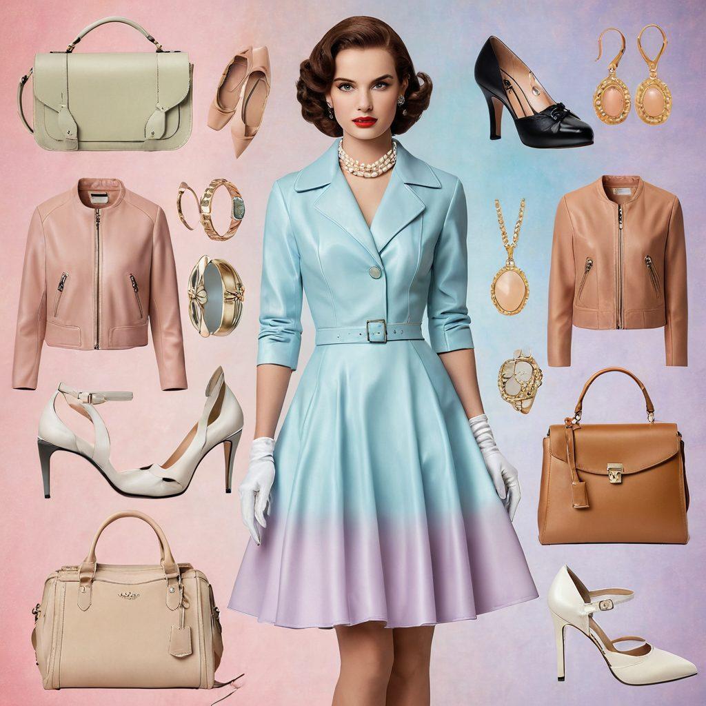 A beautifully styled collage showcasing a blend of vintage and modern fashion pieces, including a classic 1950s dress paired with contemporary accessories, a stylish leather jacket next to elegant heels, and a trendy handbag. The background features a soft pastel gradient that evokes a sense of nostalgia while hinting at modern aesthetics. The overall composition should exude passion for fashion and personal style evolution. vibrant colors. super-realistic. soft background.