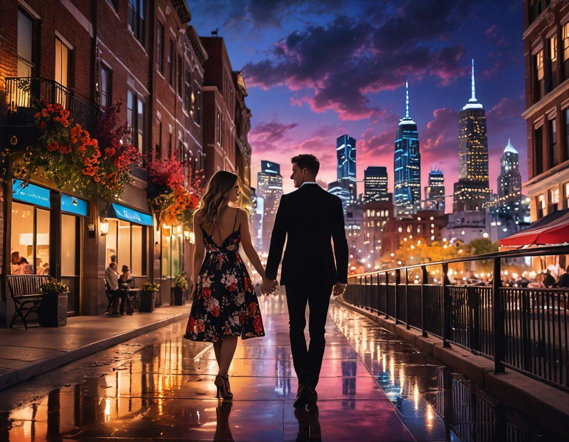 A stylish couple entwined in a romantic cityscape, showcasing vibrant trendy fashion pieces that express passion and love. Soft, diffused lighting enhances the intimate atmosphere, with delicate floral accents surrounding them. Include a backdrop of twinkling city lights and a hint of twilight in the sky. The scene should evoke a sense of modern romance. vivid colors. super-realistic.