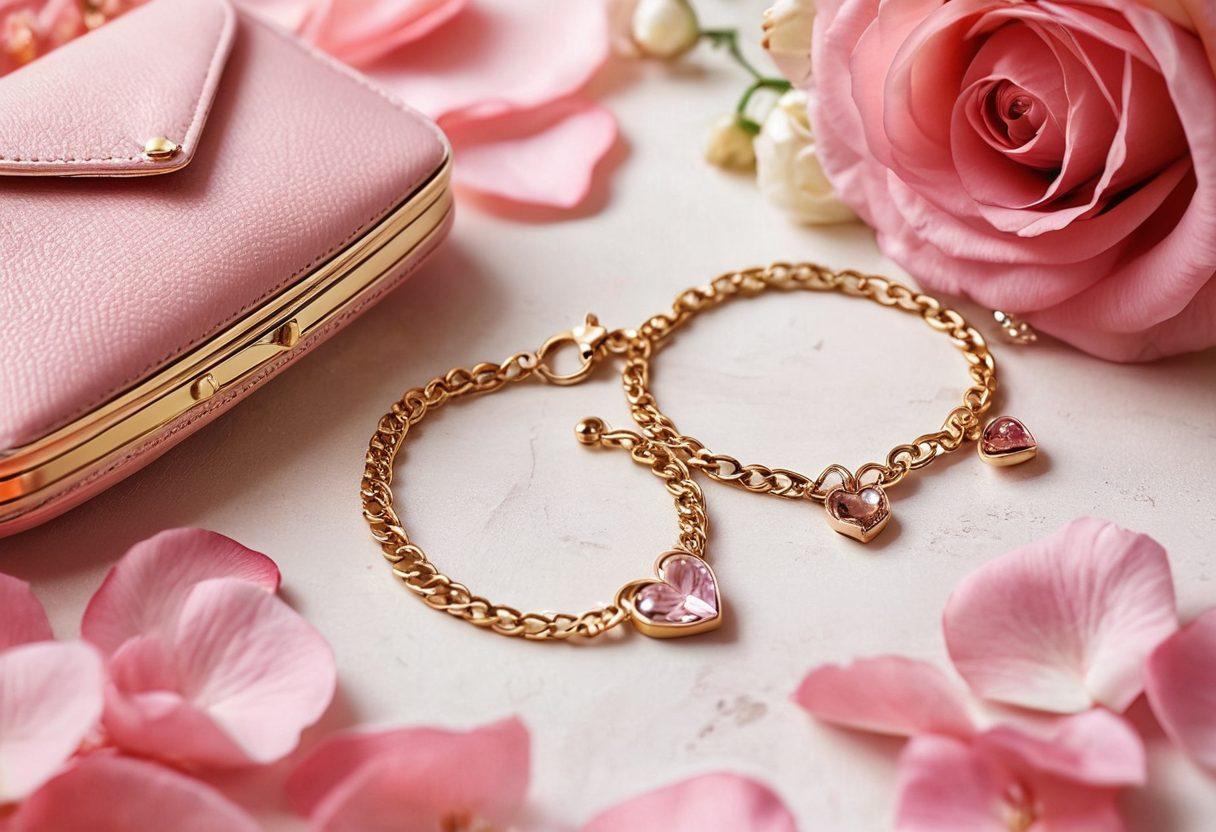A beautifully arranged flat lay of elegant accessories including heart-shaped earrings, delicate bracelets, and stylish purses, all surrounded by soft pink rose petals and a warm light. The background should evoke a sense of romance and charm, with a hint of luxury. Emphasize textures and details on the accessories to highlight their uniqueness. A gentle bokeh effect in the backdrop can enhance the dreamy atmosphere. soft focus. pastel colors. elegant styling.